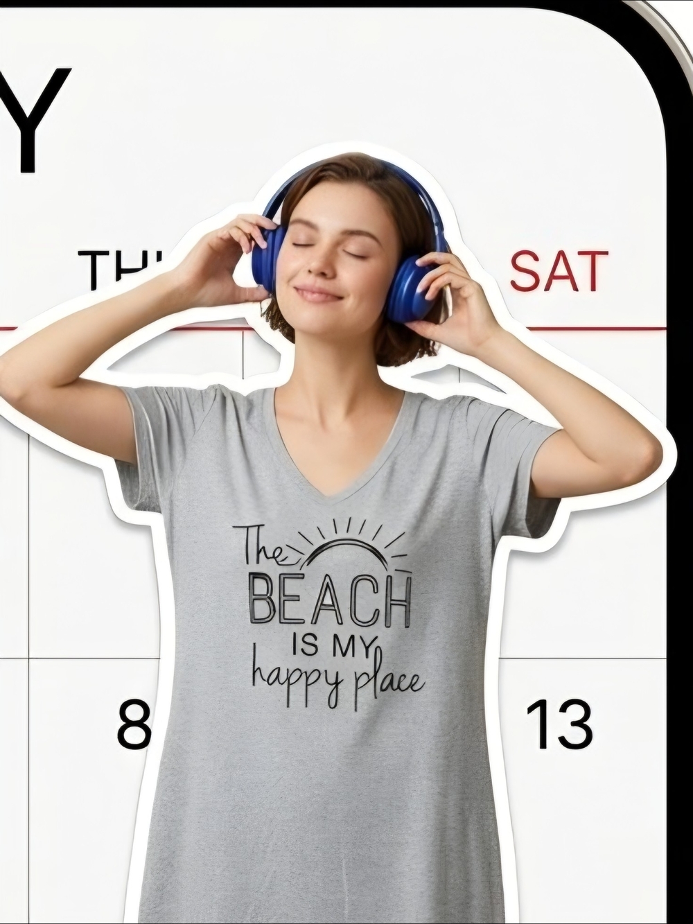 Gray V-Neck Jersey Tee+- 'The Beach Is My Happy Place'